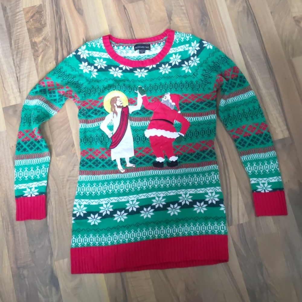 Christmas Long Sweater Dress Santa & Jesus  Size S
